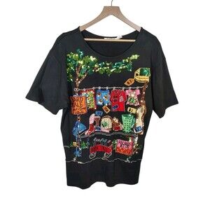 Vintage Bonjour Womens Maximalist Graphic Tee Size L Sequin Beaded Yard Sale Art
